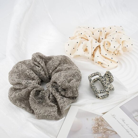Hair Set Brown White Polka Dot Scrunchies Claw Clip for All Hair Types